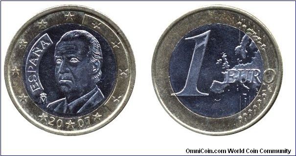 Spain, 1 euro, 2007, Ni-Brass-Cu-Ni, 23.25mm, 7.5g, bi-metallic, King Juan Carlos I, new, complete Europe map.                                                                                                                                                                                                                                                                                                                                                                                                      