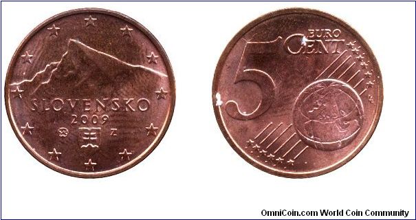 Slovakia, 5 cents, 2009, Cu-Steel, 21.25mm, 3.92g, Peak Krivan in the High Tatras.                                                                                                                                                                                                                                                                                                                                                                                                                                  