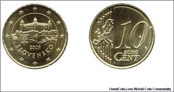 Slovakia, 10 cents, 2009, Cu-Al-Zn-Sn, 19.75mm, 4.1g, Pozsony Castle (Bratislava).                                                                                                                                                                                                                                                                                                                                                                                                                                  