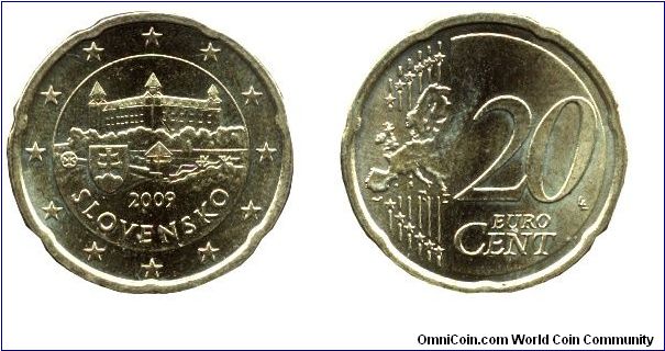 Slovakia, 20 cents, 2009, Cu-Al-Zn-Sn, 22.25mm, 5.74g, Pozsony Castle (Bratislava).                                                                                                                                                                                                                                                                                                                                                                                                                                 