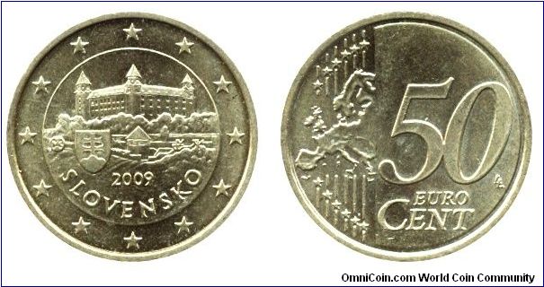 Slovakia, 50 cents, 2009, Cu-Al-Zn-Sn, 24.25mm, 7.8g, Pozsony Castle (Bratislava)                                                                                                                                                                                                                                                                                                                                                                                                                                   