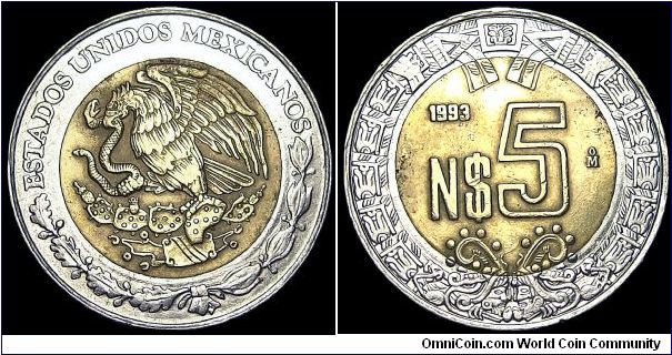 Mexico - 5 Nuevos Pesos - 1993 - Weight 7,0 gr - Bi-Metallic Aluminum-Bronze Center in Stainless Steel ring - Size 25,5 mm - Mintage 168 240 000 - Edge : Plain - Reference KM# 552