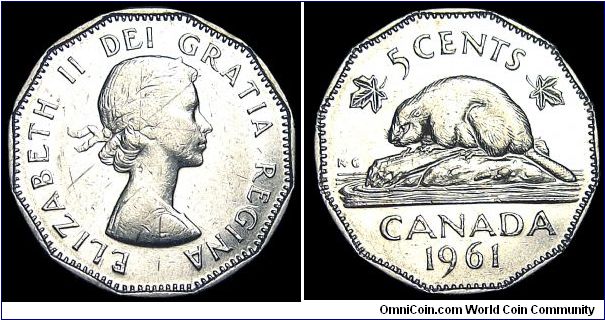 Canada - 5 Cents - 1961 - Weight 4,5 gr - Nickel - Size 21,2 mm - Ruler / Elizabeth II - Reverse / Beaver on rock - Designer Reverse / George E. Kruger-Gray - Designer Obverse / Mary Gillick - Mintage 47 889 051 - Edge : Plain - Shape : 12-Sided - Reference KM# 50a