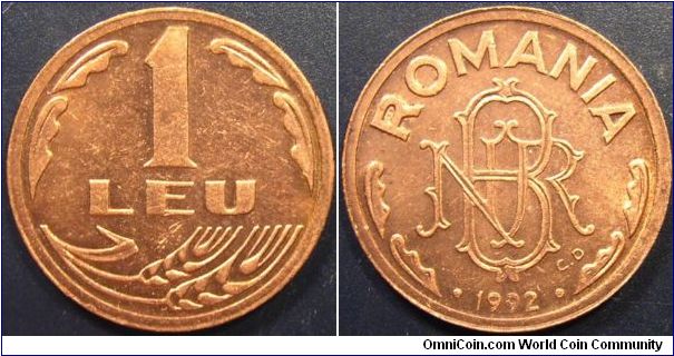 Romania 1992 1 leu. Nice condition.