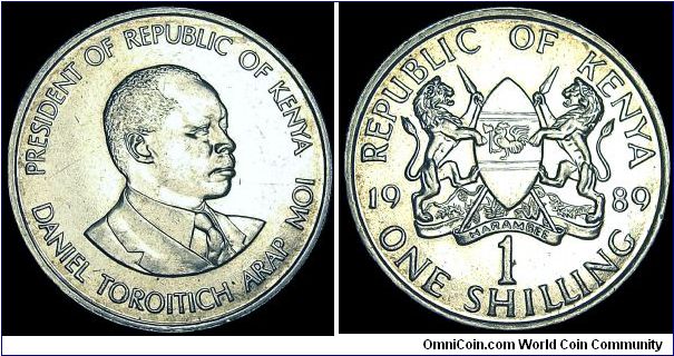 Kenya - 1 Shilling - 1989 - Weight 7,8 gr - Copper / Nickel - Size 27,8 mm - President / Daniel Toroitich Arap Moi - Edge : Reeded - Reference KM# 20