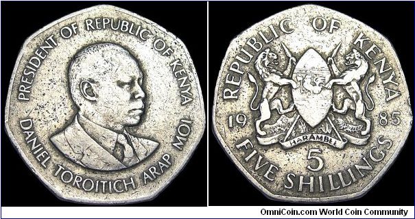 Kenya - 5 Shillings - 1985 - Weight 13,3 gr - Copper / Nickel - Size 30 mm - President / Daniel Toroitich Arap Moi - Edge : Plain - Reference KM# 23