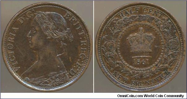1861 New Brunswick Half Cent VF+ to EF.