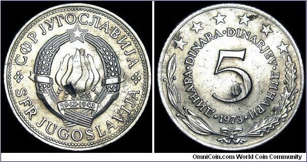 Yugoslavia- 5 Dinara - 1973 - Weight 6,8 gr - Copper / Nickel / Zink - Size 27,5 mm - President / Josip Broz Tito - Mintage 12 705 000 - Edge : Milled - Reference KM# 58