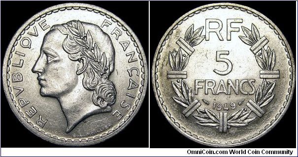 France - 5 Francs - 1949 - Weight 3,8 gr - Aluminum - Size 31,2 mm - Mintage 203 252 000 - Minted in Paris - Edge : Plain - Reference KM# 888b.1