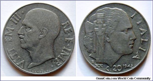 20 cent.
1942, King Vittorio Emmanuele III
(1869-1947)