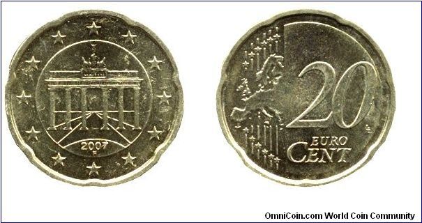 Germany, 20 cents, 2007, Cu-Al-Zn-Sn, 22.25mm, 5.74g, MM: F (Frankfurt), Brandenburger Gate, Complete Europe Map.                                                                                                                                                                                                                                                                                                                                                                                                   