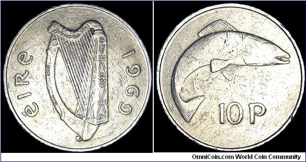 Ireland - 10 Pence - 1969 - Weight 11,32 gr - Copper / Nickel - Size 28,5 mm - Obverse : Irish Harp - Reverse : Salmon - Designer / Percy Metcalfe - Mintage 27 000 000 - Edge : Reeded - Reference KM# 23