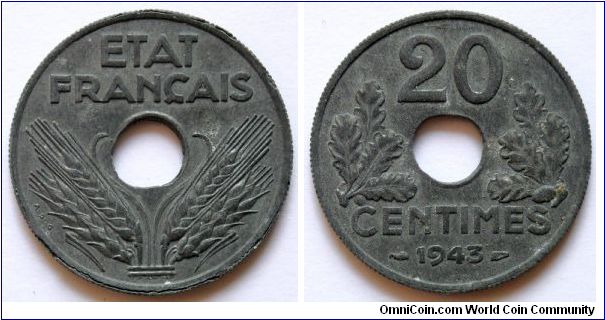 20 centimes.
1943, Government of Vichy.
Zinc.