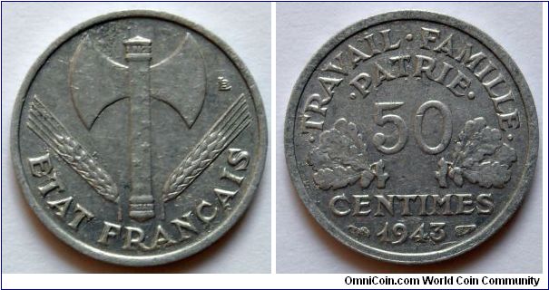 50 centimes.
1943, Government of Vichy.
Aluminum.