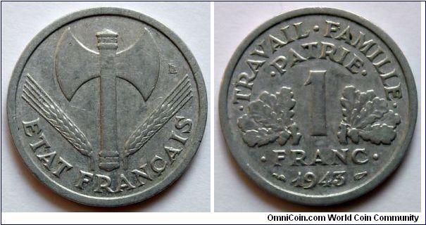 1 franc.
1943, Government of Vichy.
Aluminum.