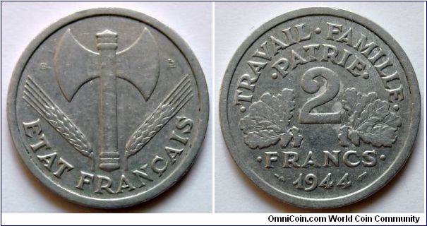 2 francs.
1944, Government of Vichy.
Aluminum.