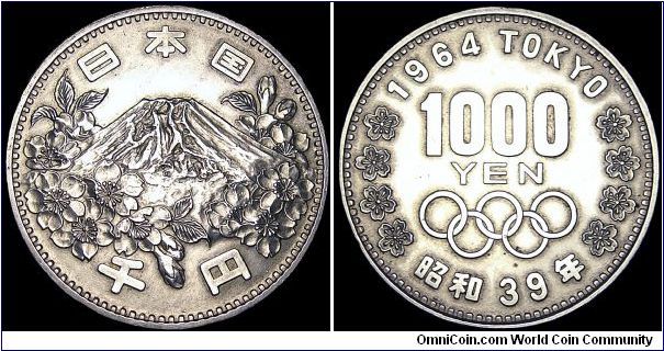 Japan - 1000 Yen - 1964 - Weight 20 gr - Silver Ag 0,925 - 0,5948 Troy Ounce - Size 35 mm - Ruler / Hirohito (Showa) - Mintage 15 000 000 - Edge : Reeded - Reference Y# 80