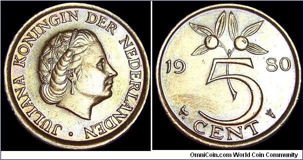 Netherlands - 5 Cents - 1980 - Weight 3,5 gr - Bronze - Size 21 mm - Ruler / Juliana - Designer / L.O. Wenckeback - Mintage 252 000 000 - Edge : Plain - Note : Cock and star privy mark - Reference KM# 181