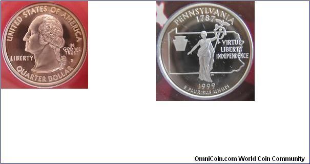 1999-S silver proof quarter - Pennsylvania - USA. From silver proof set