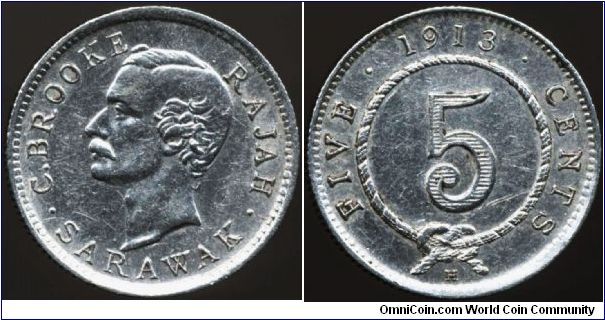 Sarawak 1913H 5 Cents. Some scratches and dipped. EF Detail.