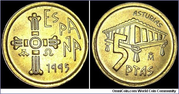 Spain - 5 Pesetas - 1995 - Weight 3,1 gr - Aluminum / Bronze - Size 17,5 mm - Regent / Juan Carlos I - Subject : Asturias - Mintage 301 756 000 - Edge : Plain - Reference KM# 946