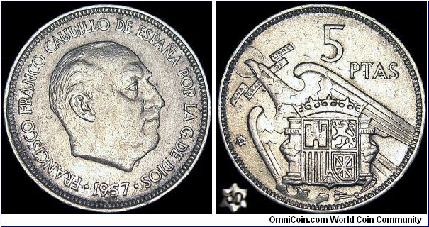 Spain - 5 Pesetas - 1960 (1957) The actual year of production of this coin is 1960 - Weight 5,75 gr - Copper / Nickel - Size 23 mm - Ruler / Francisco Franco - Mintage 26 000 000 - Edge : Redded - Reference KM# 786