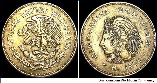 Mexico - 50 Centavos - 1956 - Weight 14 gr - Bronze - Size 33 mm - President / Adolfo Ruiz Cortines - Mintage 34 643 000 - Note : Mint mark MO - Reference KM# 450
