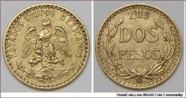 1919 Mexico Gold Dos (Two) Pesos.