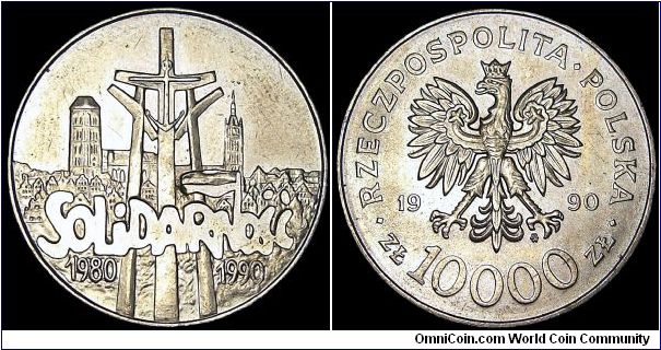 Poland - 10 000 Zlotych - 1990 - Weight 10,9 gr - Copper / Nickel - Size 29 mm - Subject : 10th Anniversary o Solidarity - Designer / Bohdan Chmielewski - Mintage 15 164 000 - Edge : Reeded - Reference KM# 195