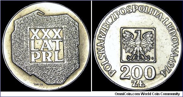 Poland - 200 Zlotych - 1974 - Weight 14,47 gr - Silvercoin 0,625 Ag - 0,2907 Troy Ounce - Size 31,3 mm - 30th Anniversary-Polish Peoples Republic - Mintage 13 062 000 - Edge : Reeded - Reference Y# 72