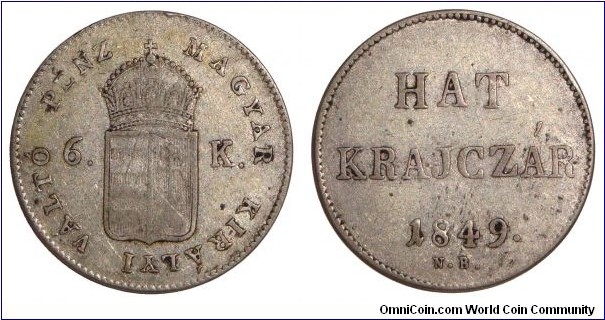 HUNGARY~(REVOLUTION)~6 Krajczar 1849. Issued during the 'War of Independence' against Austria.