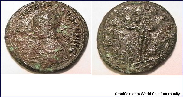 Roman emperor Probus 276-282 AD,

IMP CM AVR PROBVS PF AVG, CONSERVATO AVG, XXI, Sol standing raising hand and holding a globe