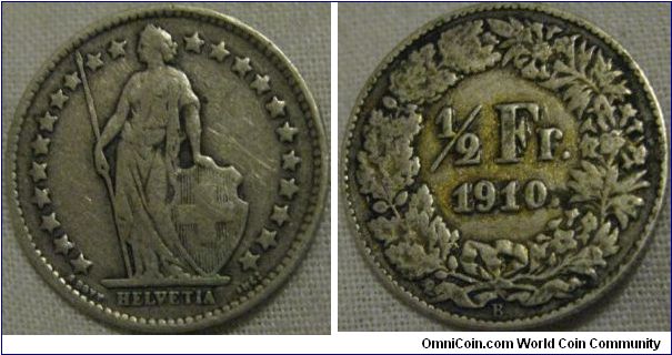 fine grade 1910 1/2 franc from switzerland