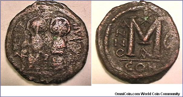 Byzantine emperor Justin II & empress Sophia, 565-578 AD, AE-Follis, Year 5 (570) Officinae A, CON (Constantinople mint)