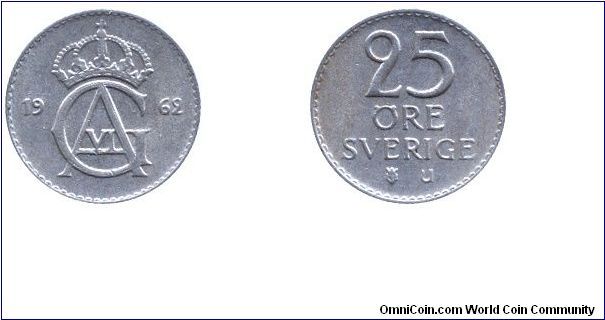 Sweden, 25 öre, 1962, Cu-Ni, from Gustaf Adolf VI (1950-1973).                                                                                                                                                                                                                                                                                                                                                                                                                                                      