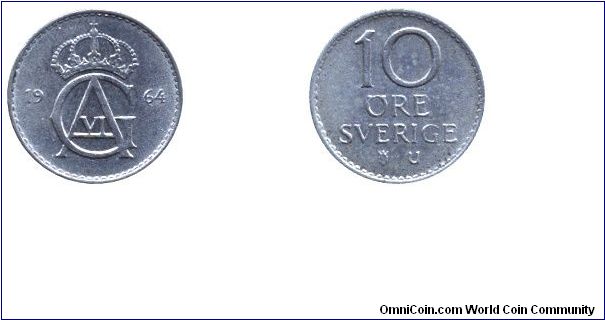 Sweden, 10 öre, 1964, Cu-Ni, from Gustaf Adolf VI.                                                                                                                                                                                                                                                                                                                                                                                                                                                                  