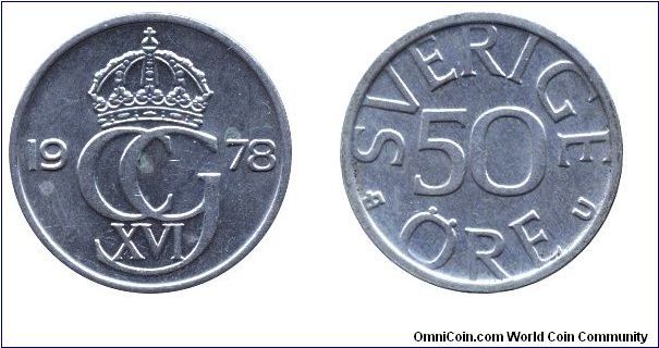 Sweden, 50 öre, 1978, Cu-Ni, 22mm, 4.5g, from Carl Gustaf XVI.                                                                                                                                                                                                                                                                                                                                                                                                                                                      