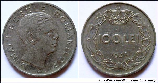 100 lei.
1943. Michael I King of the Romanians.