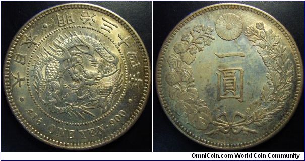 Japan 1901 1 yen. 27.0 grams. Practically UNC. Nice toning. WOW.