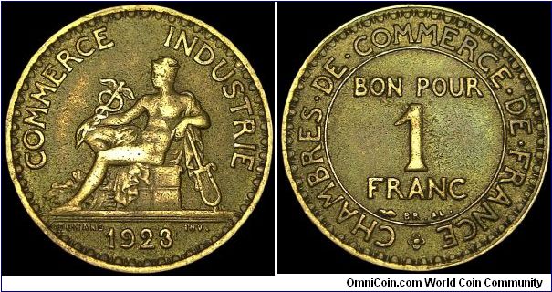 France - 1 Franc - 1923 - Weight 4,1 gr - Aluminum / Bronze - Size 23 mm - President / Alexandre Millerand - Mintage 140 138 000 - Edge : Reeded - Reference KM# 876