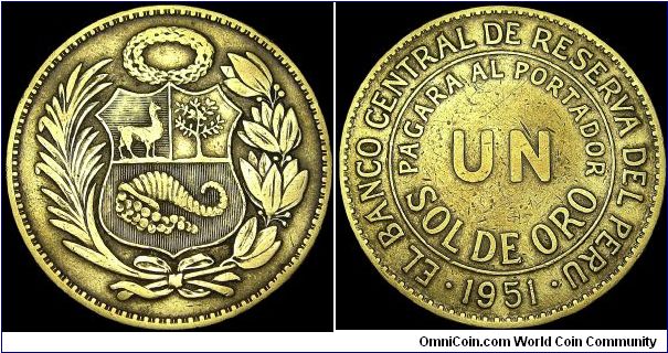 Peru - 1 Sol - 1951 - Weight 14 gr - Brass - Size 33 mm - Mintage 1 249 000 - Edge : Reeded - Reference KM# 222