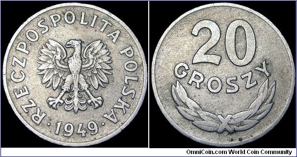 Poland - 20 Groszy - 1949 - Weight 3 gr - Copper / Nickel - Size 20,1 mm - Mintage 133 383 000 - Edge : Plain - Reference Y# 43