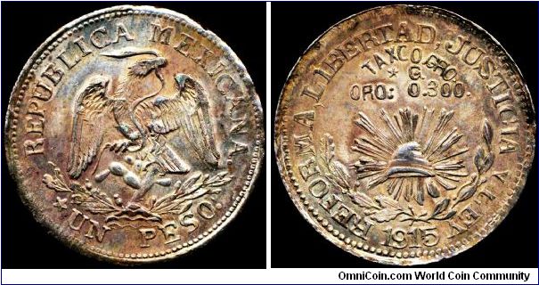 1915 Taxco PESO GB-233. Double strike on cast planchet. 12.3g, 30mm. AU+. Exceptional specimen and scarce this nice.