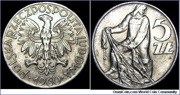 Poland - 5 Zlotych - 1960 - Weight 3,1 gr - Aluminum - Size 29,1 mm - Reverse / Fisherman whit net - Mintage 16 300 999 - Edge : Reeded - Reference Y# 47