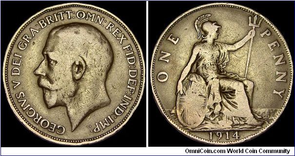 United Kingdom - 1 Penny - 1914 - Weight 9,45 gr - Bronze - Size 30,8 mm - Regent / George V - Designer / Bertram MacKennal - Mintage 50 821 000 - Edge : Plain - Reference KM# 810