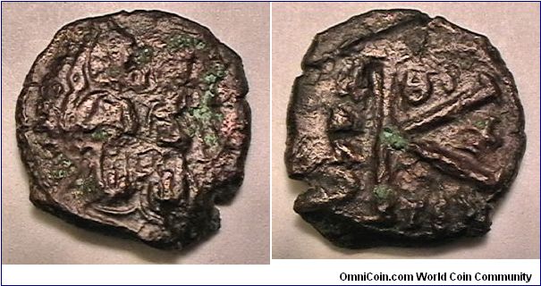 Byzantine emperor Justin II and Sophia, 1/2 Follis Year 10, Thesssalonica mint