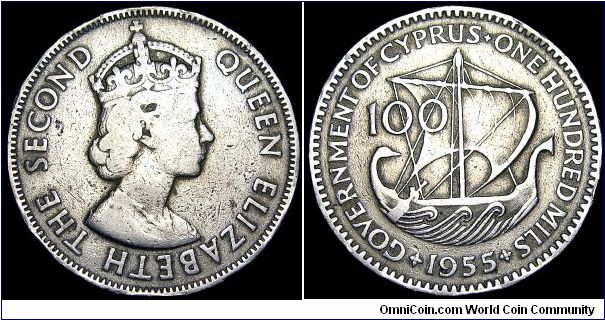Cyprus - 100 Mils - 1955 - Weight 11,2 gr - Copper / Nickel - Size 28 mm - Ruler / Elizabeth II - Mintage 2 500 000 - Minted in London - Edge : Reeded - Reference KM# 37