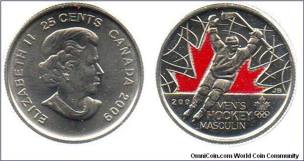 2009 25 cents - 2002 Olympic Men's Hockey Gold coloured. This is the more common coloured issue with the second 2 in 2002 sunken into the player's shin.