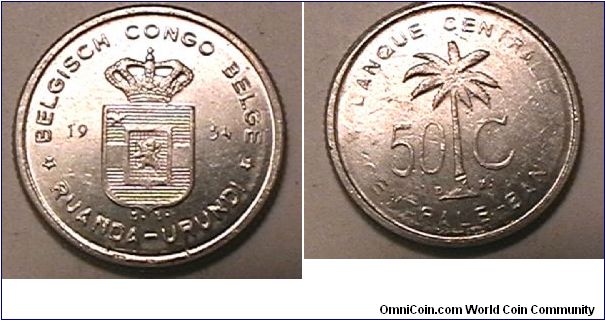 Belgian Congo, Ruanda-Urundi province, 50 Centimes, Aluminum