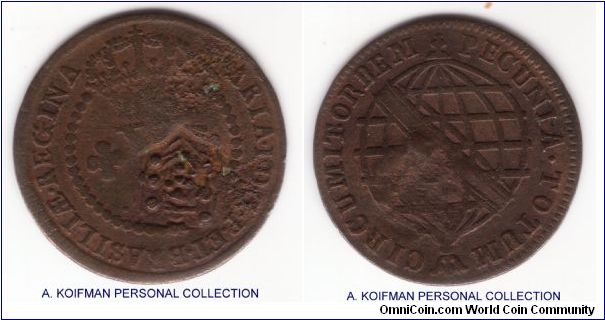 KM-264, ND (1809) Brazil 10 reis; double value counterstamped 17?? Brazil 5 reis (KM-214); copper; in my opinion very good to a fine host coin, c/s itself is not very good, probably fine or so; I can't distinguish the host coin year as it is covered by the counterstamp, looks like a high flat crown but not sure 